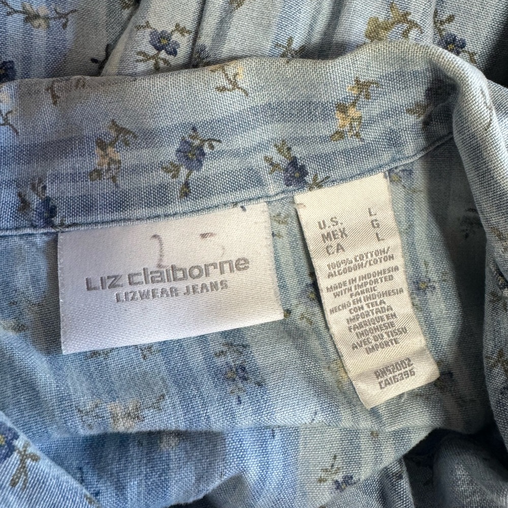 Liz Claiborne Lizwear Jeans Floral Chambray Button Down Shirt Large Cotton - Picture 4 of 7